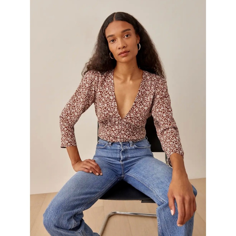 Reformation Artesia Top Brown Floral V-Neck 3/4 Sleeve Blouse Large
